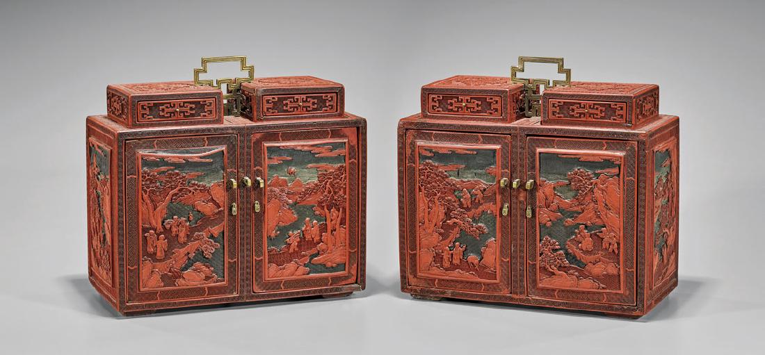 PAIR QIANLONG PERIOD CINNABAR LACQUER SCHOLAR'S (1 of 6)