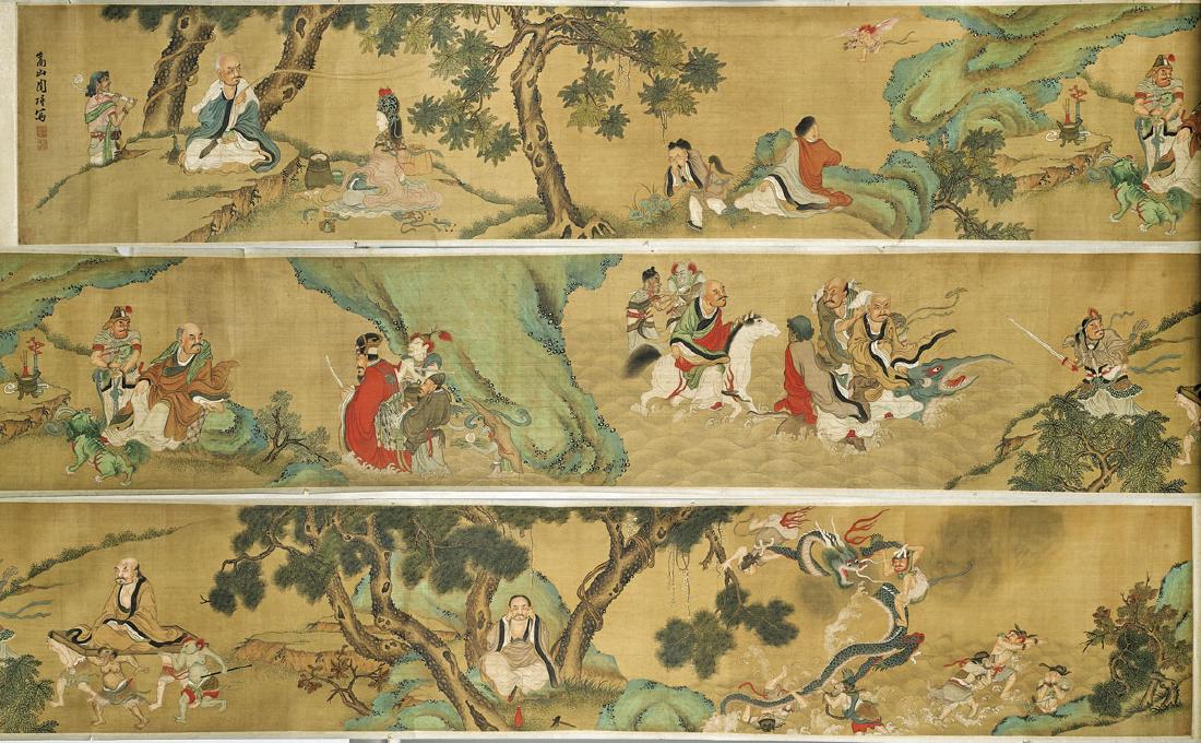 ANTIQUE PAINTING AFTER ZHOU XUN: Lohans Crossing the (1 of 2)