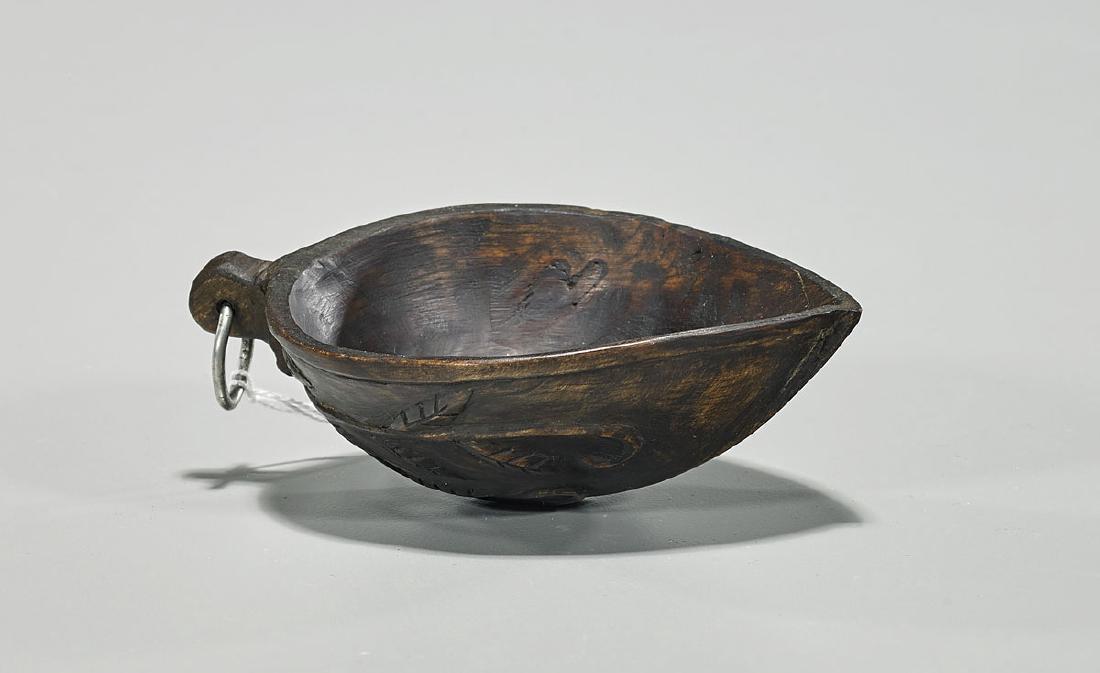 Antique Korean Carved Wood Vessel: Antique Korean wood vessel; of leaf form; showing carved foliage design to exterior; L: 4 5/8" (approx.)