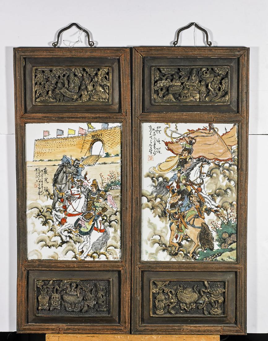 Pair Chinese Enameled Porcelain Battle Scene Plaques (1 of 2)