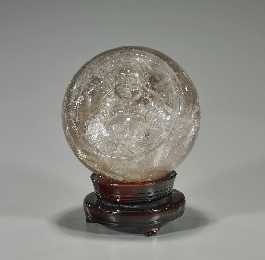 Chinese Carved Rock Crystal Sphere: Budai (1 of 2)