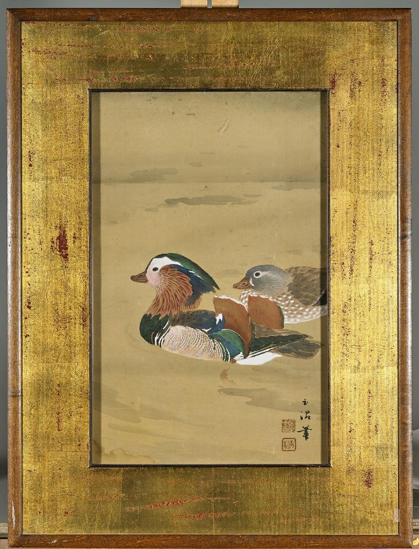 Old Chinese Silk Painting: Ducks: Old Chinese ink and color on silk painting; detailing two ducks afloat within a quiet body of water; signed, with seal mark; 20 3/4 x 13" (sight, approx.); framed