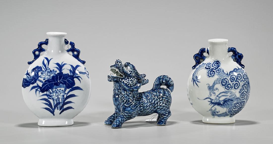 Group of Three Qing-Style Porcelains: Lion & Moonflasks (1 of 2)
