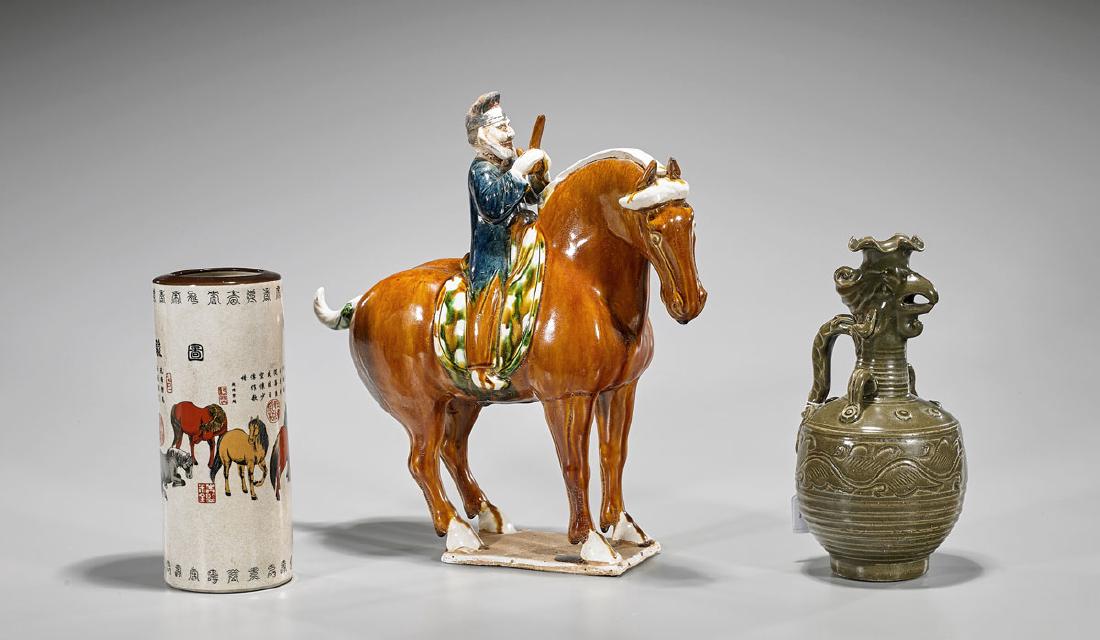 Three Chinese Ceramics: Figure, Ewer & Hat Stand (1 of 2)