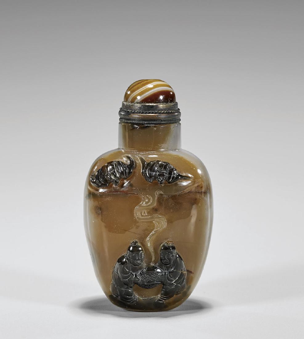 Fine Cameo Agate Snuff Bottle: Bat & Sages (1 of 2)