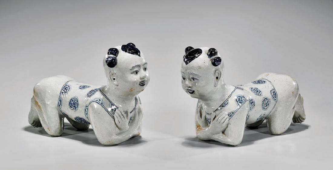 Pair Antique Blue & White Porcelain 'Boy' Pillows (1 of 3)