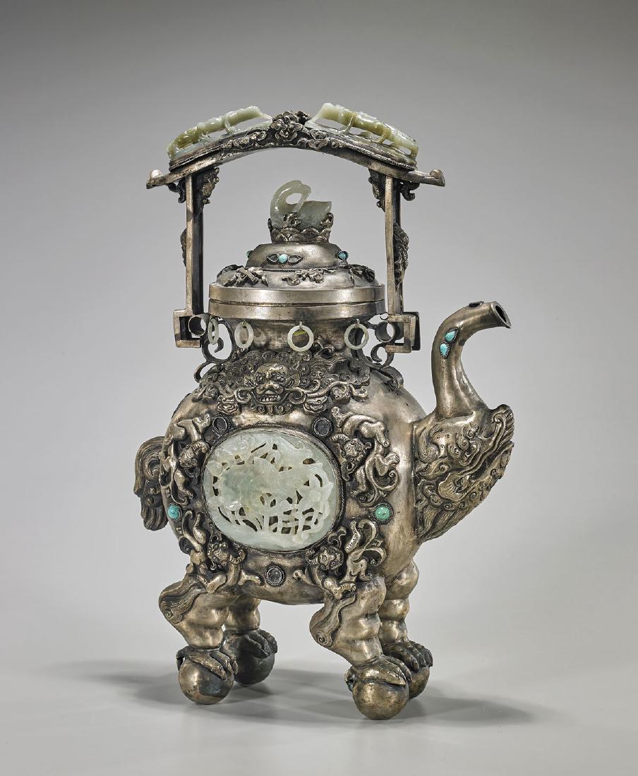 Elaborate Antique Chinese White Metal & Hardstone Ewer (1 of 2)