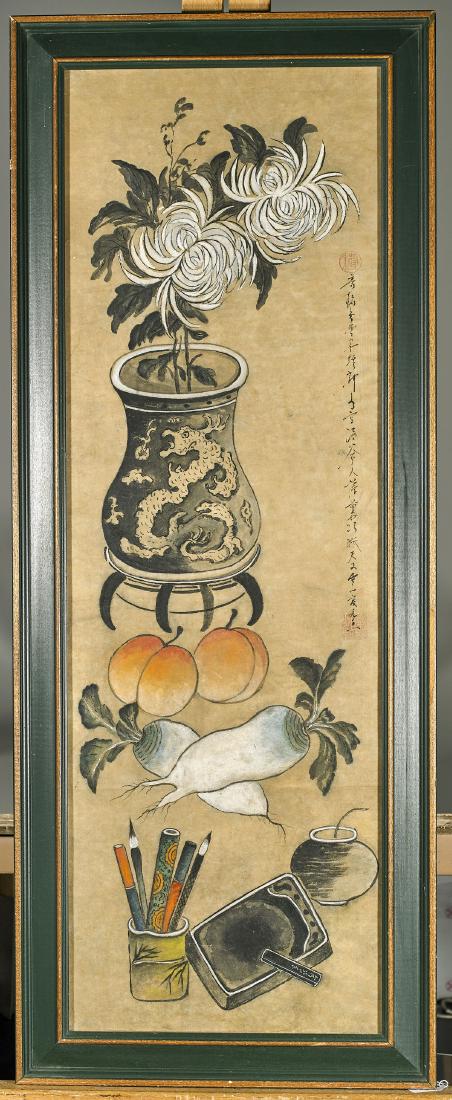 Antique Korean Folk Painting: Antique Korean still life painting on paper; depicting flora, fruit and painting tools; with inscription and seal marks; 35 1/2" x 11 1/2" (sight, approx.); framed