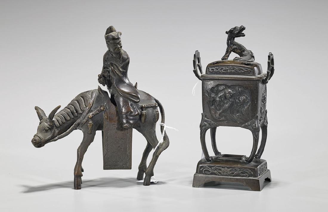 Two Antique Chinese & Japanese Bronze Covered Censers (1 of 1)