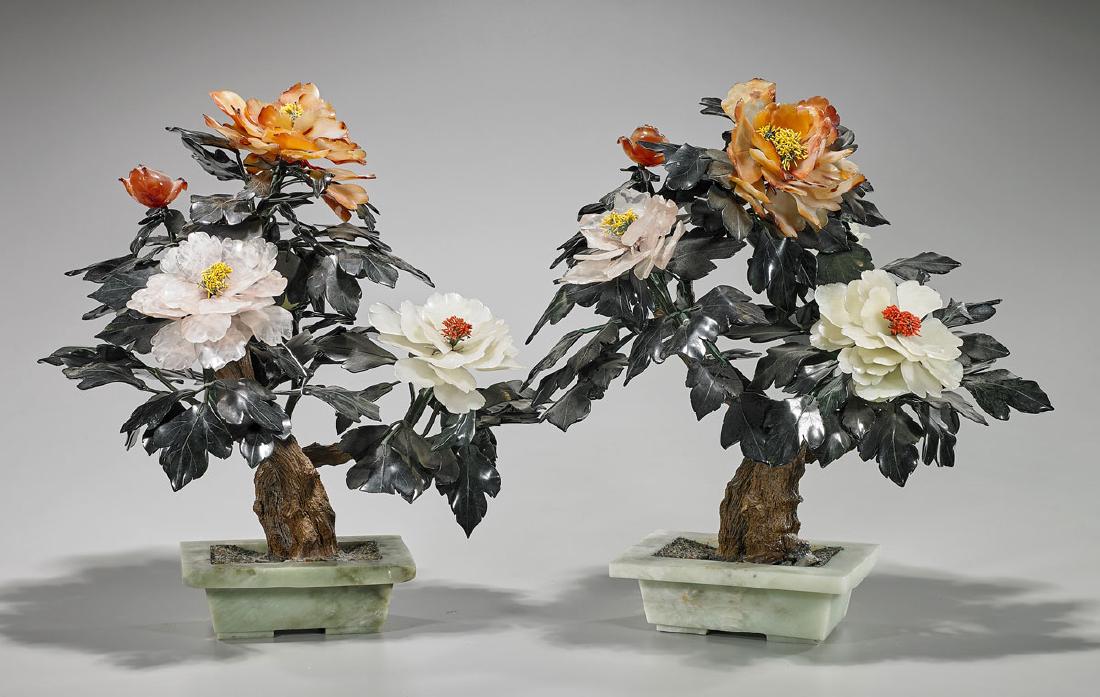 Pair Chinese Carved Hardstone Flowering 'Trees' (1 of 1)