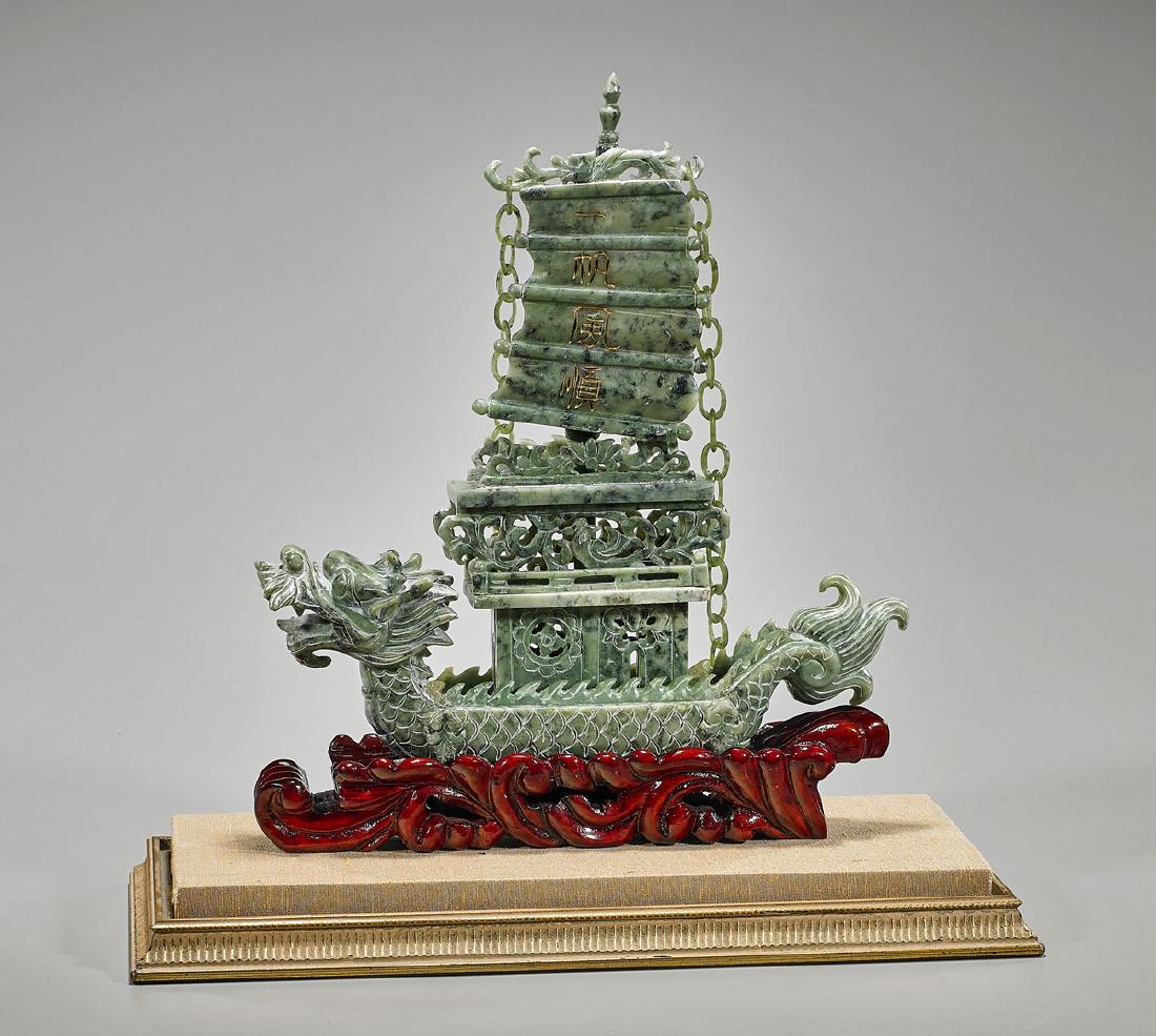 Chinese Carved Serpentine Dragon Boat (1 of 2)