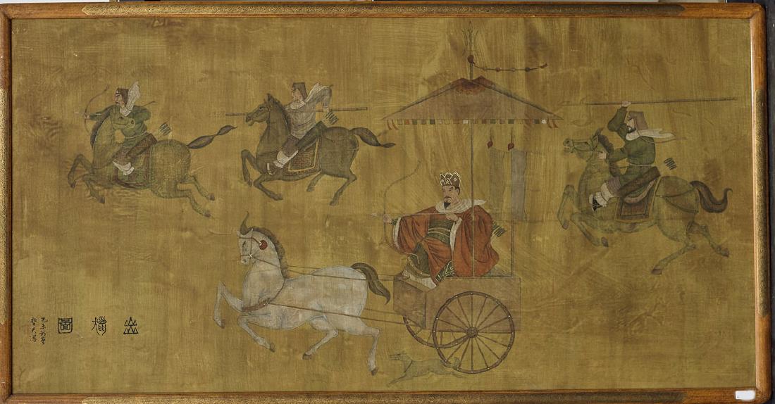 Old Chinese Painting on Silk: Battle Scene: Old Chinese painting on silk by Jie Fu; depicting equestrian figures engaged in battle; with seal mark and inscription; 69 3/8" x 34 7/8" (sight, approx.); framed