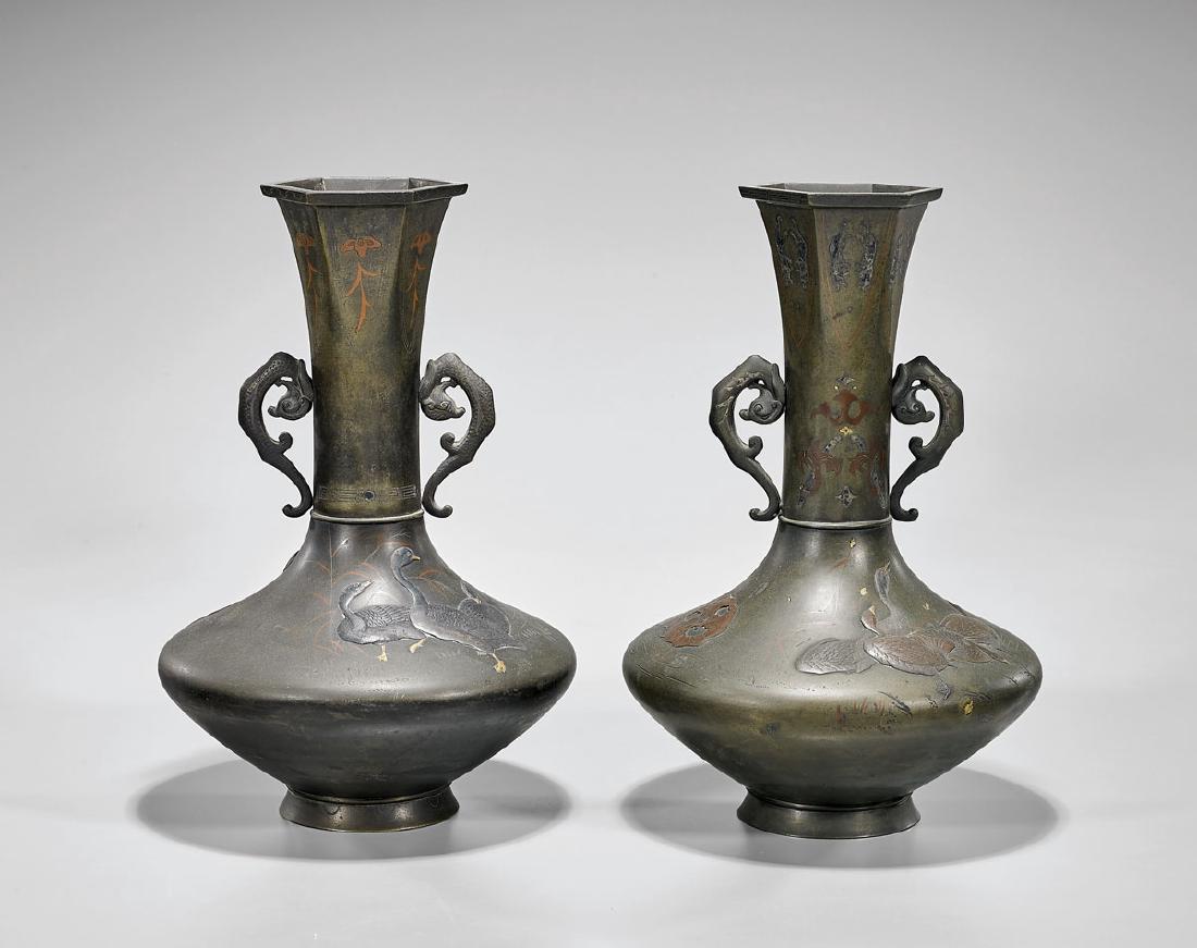 PAIR ANTIQUE JAPANESE INLAID BRONZE VASES (1 of 4)