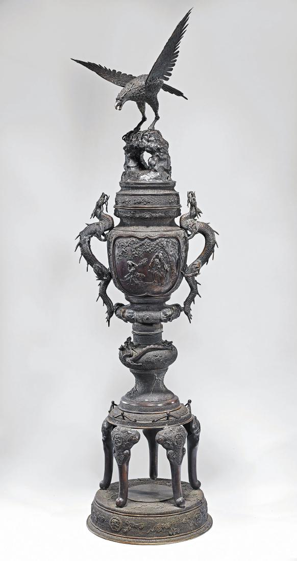 MONUMENTAL JAPANESE MEIJI PERIOD BRONZE CENSER: Massive and highly elaborate, antique Japanese Meiji period sectional bronze censer; of tiered form, the body with figural scene to one side and cranes amid pines to the other, each reserved on a dens