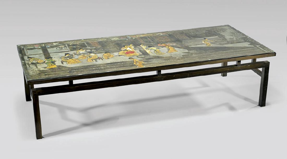 LARGE PHILIP & KELVIN LAVERNE "CHIN YING" TABLE: Large "Chin Ying" metal and wood table by Philip (1908-1988) and Kelvin Laverne (b. 1936); the top with etched and enameled scene of women playing musical instruments and danci