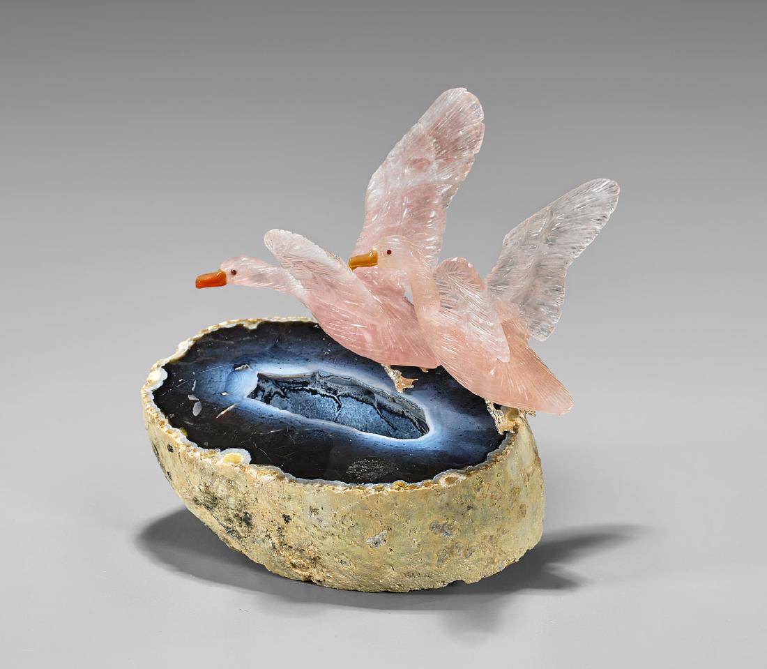 ROSE QUARTZ AND AGATE GEESE CARVING (1 of 1)