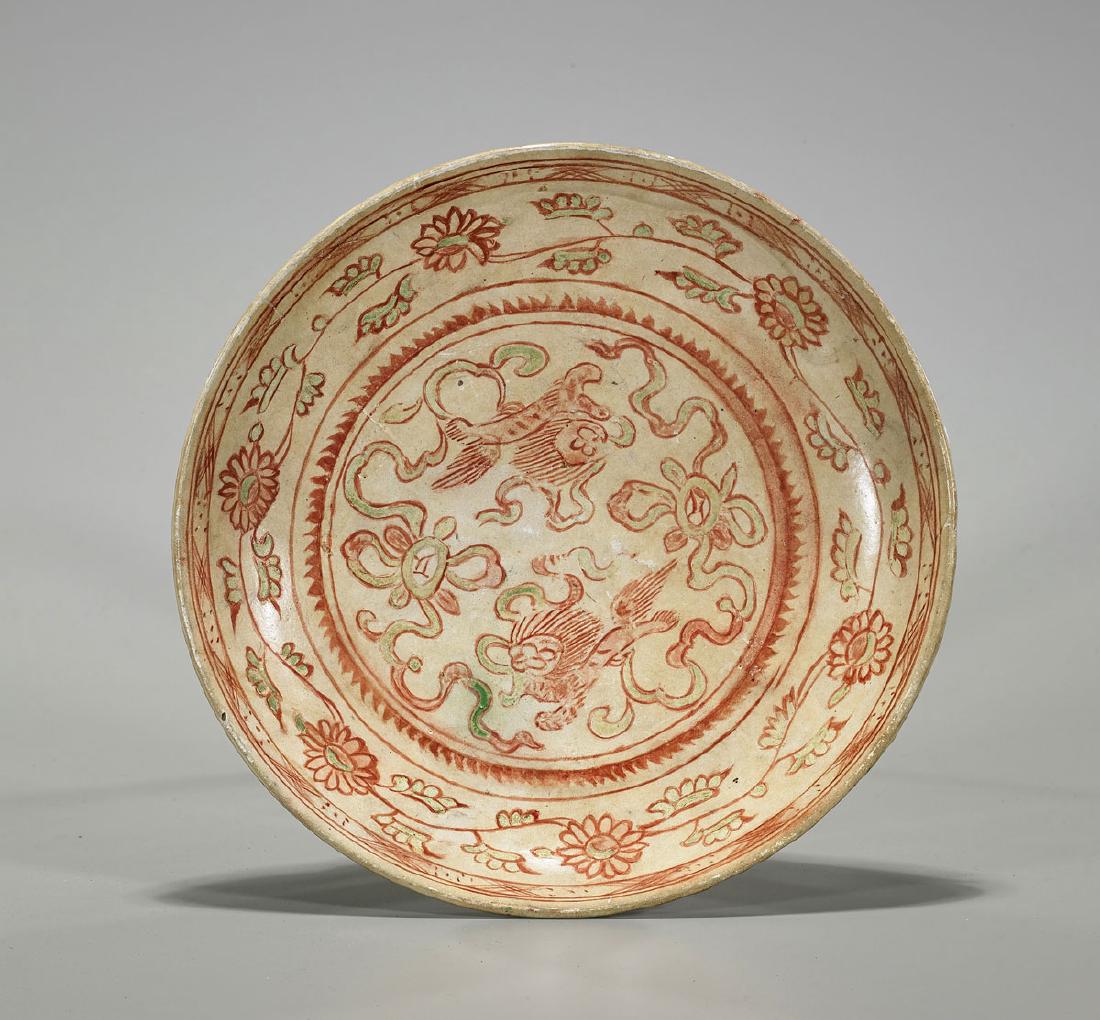 Antique Chinese Red & Green Glazed Dish (1 of 2)