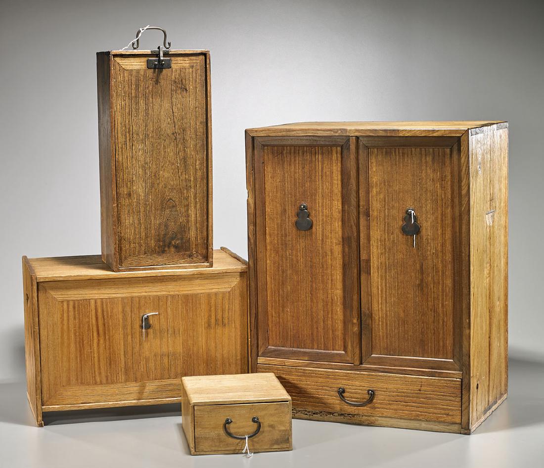 Group of Four Old Japanese Wood Items: Boxes & Cabinet (1 of 2)
