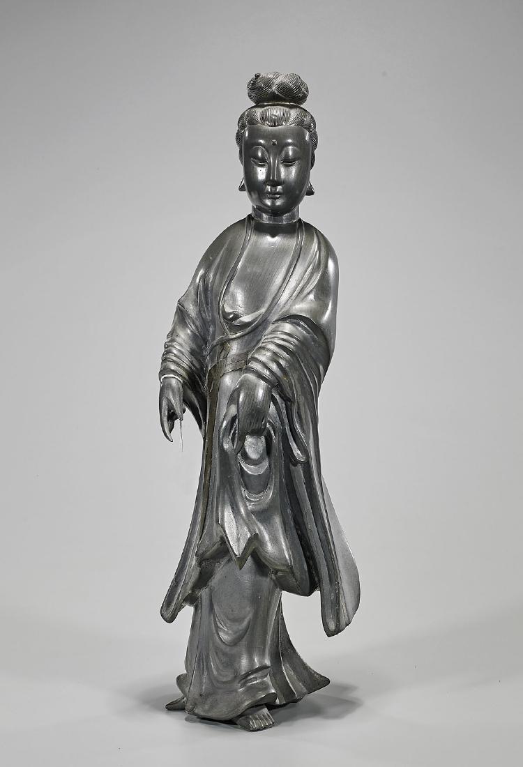 Tall Old Chinese Pewter Figure of Guanyin (1 of 1)