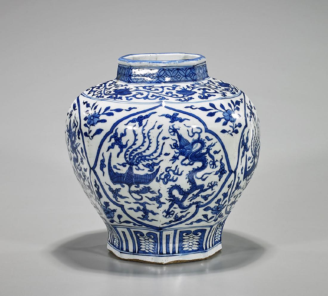 Ming-Style Blue & White Porcelain Faceted Jar (1 of 2)