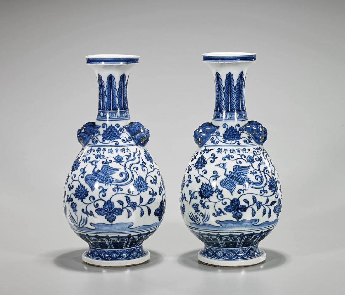 Pair Ming-Style Blue & White Porcelain Bottle Vases (1 of 2)