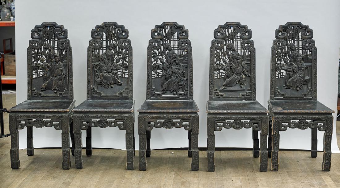 Set of Five Antique Chinese Carved Wood Chairs (1 of 1)
