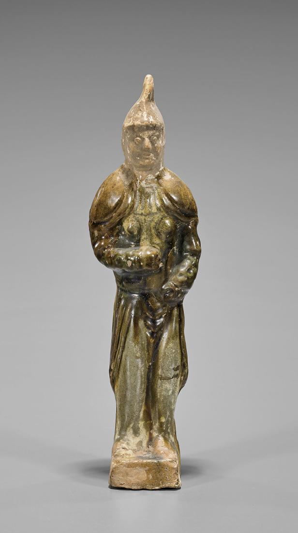 Tang Dynasty Parcel-Glazed Pottery Warrior: Antique Chinese Tang Dynasty parcel-glazed pottery figure; in elaborate armor, and showing finely detailed facial features; Provenance: Collection of Stuart H. Salsbury; H: 11 3/4" (approx.