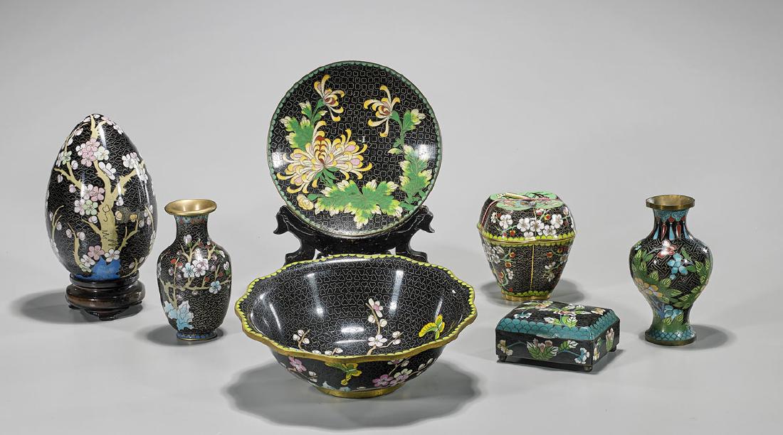Group of Seven Chinese Black Ground Cloisonne Enamel (1 of 1)