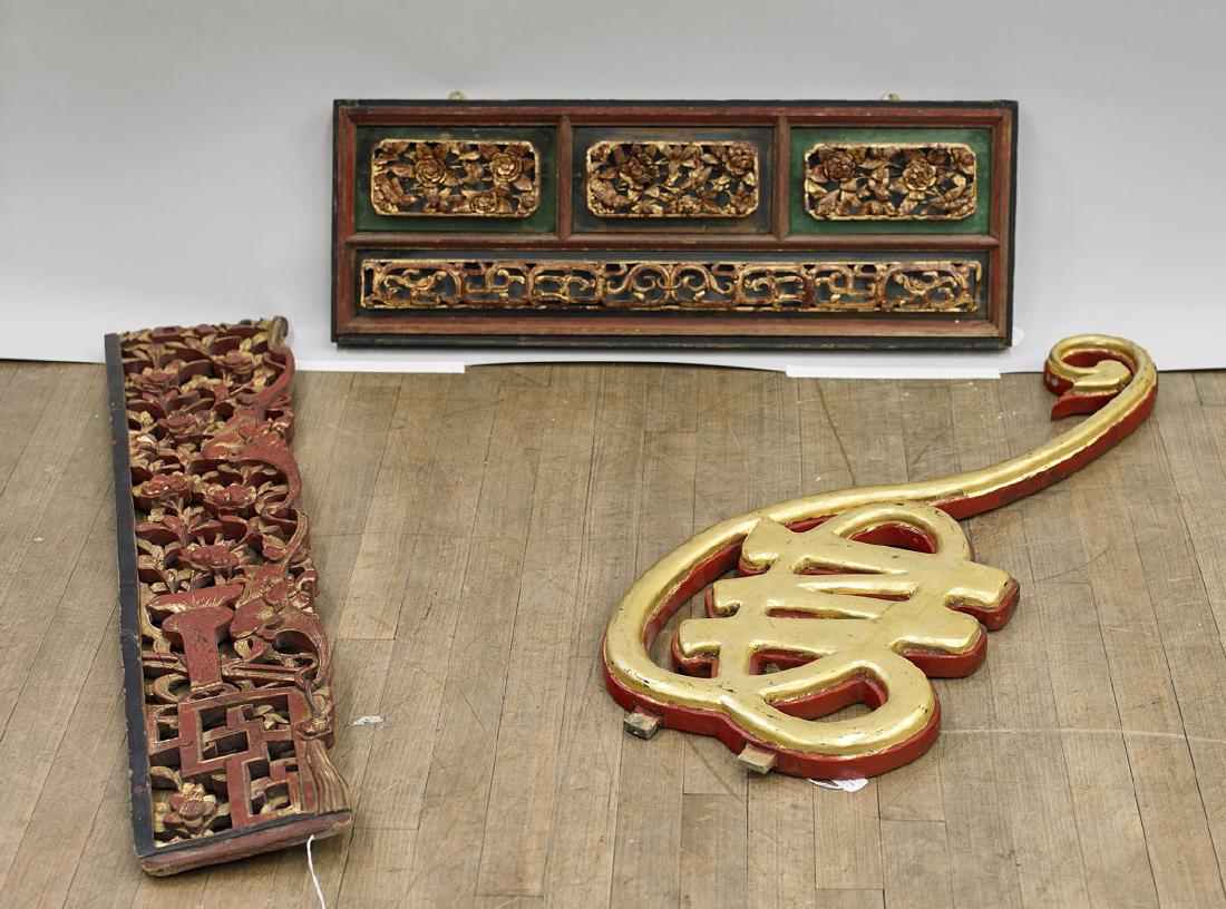 Group of Three Large Chinese Carved & Lacquered Wood (1 of 1)