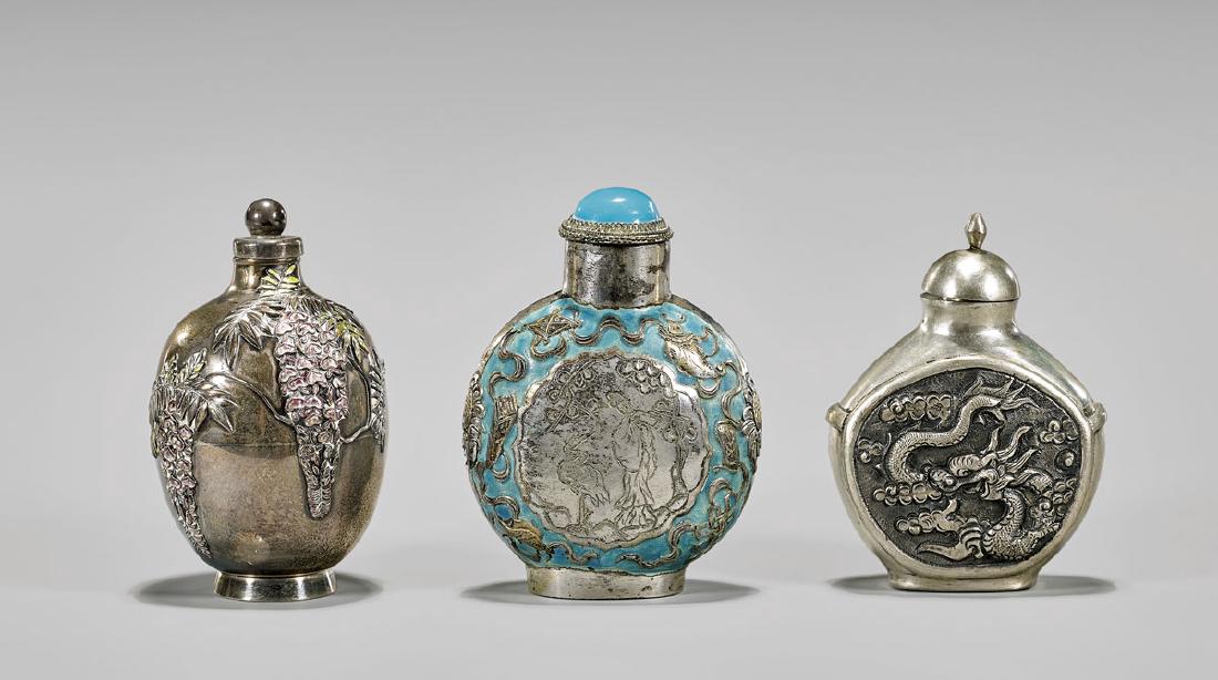 THREE ANTIQUE SILVER SNUFF BOTTLES (1 of 3)
