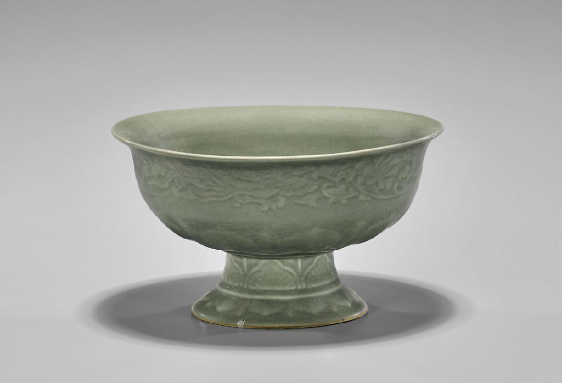 ANTIQUE CHINESE CELADON GLAZED STEM BOWL (1 of 3)