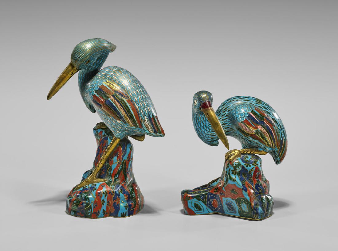 Pair Old Chinese Cloisonne Enamel Cranes (1 of 2)