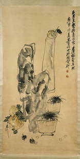 Group of Three Chinese Paper Scrolls: Fruits & Blossoms: Group of three Chinese ink and color on paper scrolls, including: plum blossoms after Wang Mian, with calligraphy to the top right; bird amid flowers after Zhu Da; together with fruits and stone after