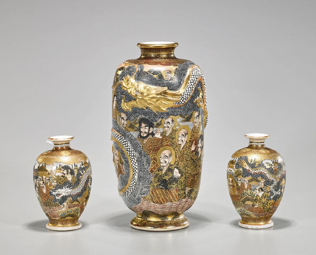 Group of Three Japanese Satsuma Earthenware Vases (1 of 3)
