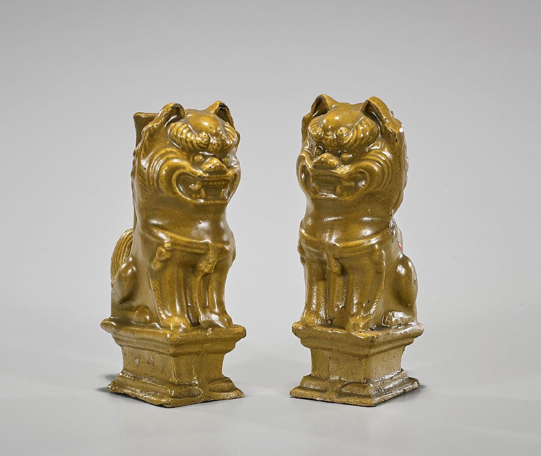 Pair Antique Chinese Yellow Glazed Pottery Lions (1 of 2)