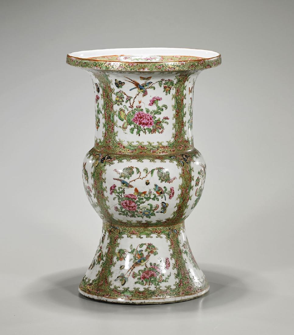 Tall Chinese Rose Medallion Enameled Porcelain Vase: Tall Chinese Rose Medallion enameled porcelain vase; of beaker form; showing various panels of birds amid flora reserved on a dense foliate parcel-gilt ground; H: 15 3/4" (approx.)