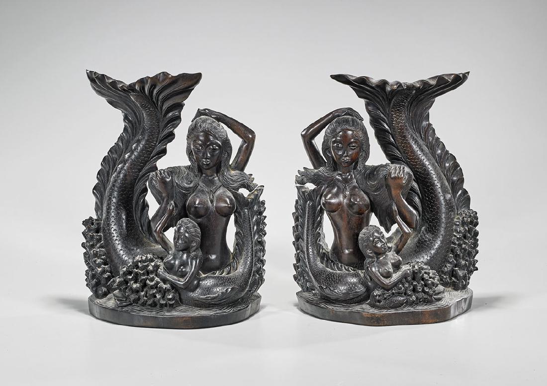 Pair of Carved Hardwood Mermaids (1 of 1)