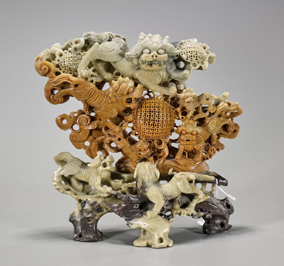 Chinese Elaborately Carved Soapstone Lion Group (1 of 1)