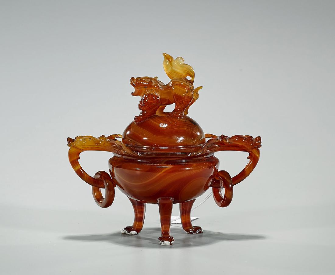 Chinese Carved Carnelian Agate Covered Censer (1 of 1)