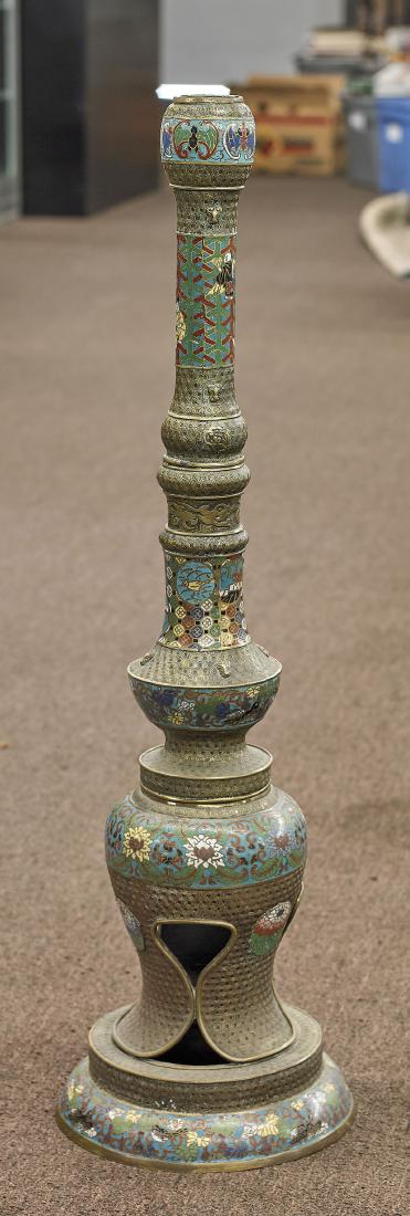 Tall Chinese Cloisonne Enamel Sectional Lamp: Tall Chinese cloisonné enamel lamp; of sectional, tiered form; exhibiting several registers of figural, floral and animal motifs; atop an incised diaper-patterned ground; H: 39 1/2" (ap