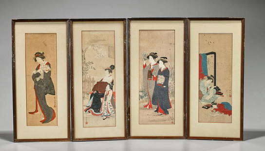 Collection of Eight Antique Japanese Woodblock Prints: Group of eight antique Japanese woodblock prints; each depicting figural scenes by various artists, including: Utagawa Toyohiro, Katsukawa Shunsho, Katsukawa Shunko, Kitagawa Utamaro, etc.; each signe