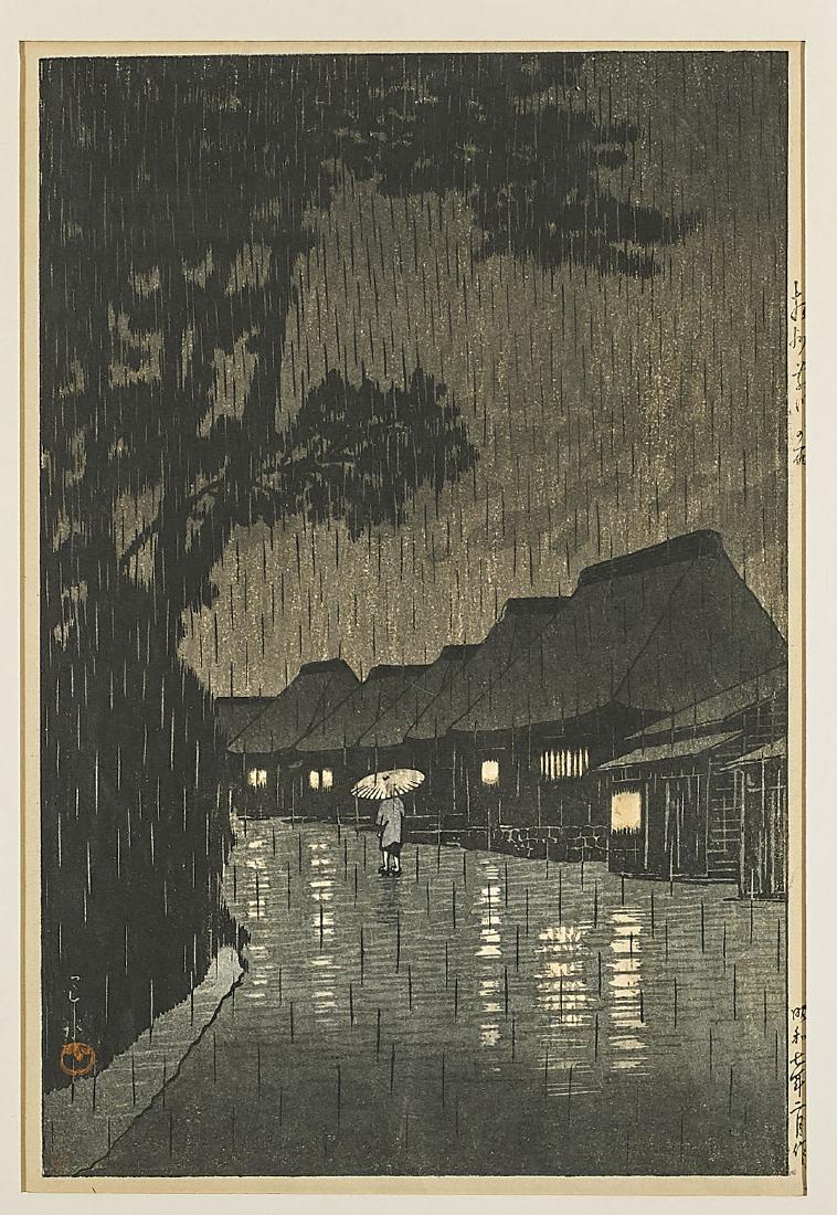 Japanese Woodblock Print By Kawase Hasui: Japanese woodblock print by Kawase Hasui; depicting rainy figural scene; inscription stating the print date as 1932; signed, with seal mark; 14 1/2" x 9 1/2" (in sight, approx.)