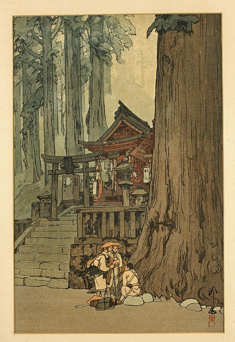 Japanese Woodblock Print By Hiroshi Yoshida: Japanese woodblock print by Hiroshi Yoshida; titled Misty Day in Nikko, depicting three travelers on the front of a shrine amid forest, signed with seal mark; 14 1/2" x 9 1/2"(by signt, ap