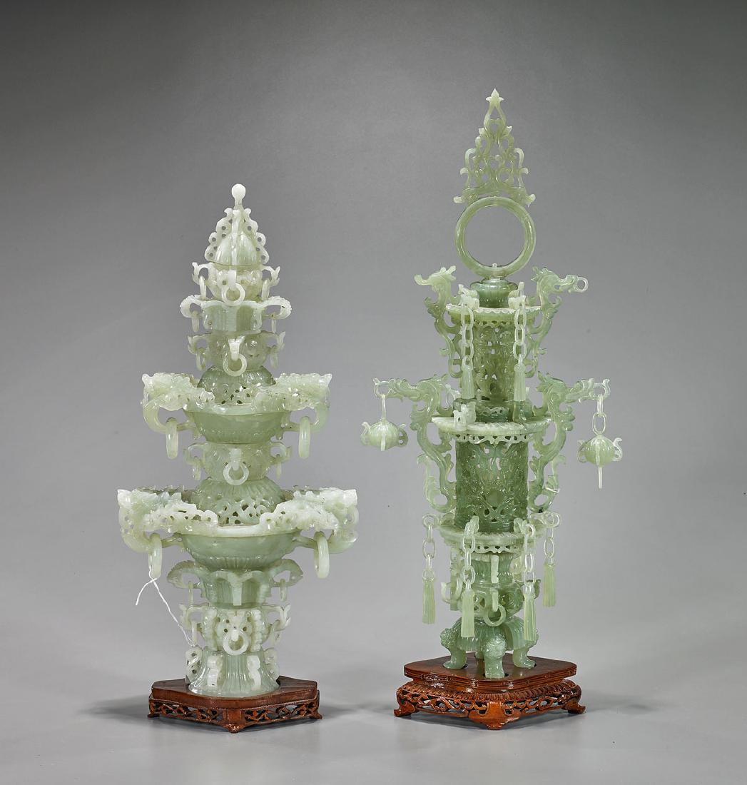 Two Elaborately Carved Chinese Bowenite Tiered Vessels (1 of 1)