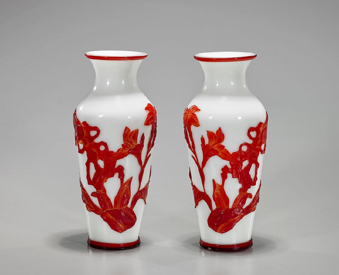 Pair Chinese Red Overlay Glass Vases (1 of 1)