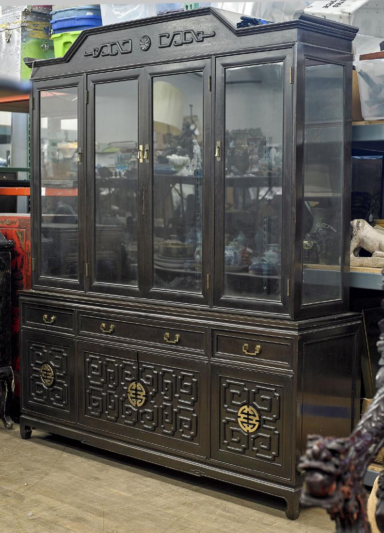 Massive Chinese Wood & Glass Display Cabinet: Massive Chinese wood and glass display cabinet; of rectangular, sectional form; the top with four glass panels; lower exhibiting drawer and cabinet space showing metalwork pulls of Shou motifs; Proven