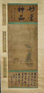 Two Chinese Silk Scrolls: After Qianlong & Ren Renfa: Two Chinese scrolls, including: ink on silk, showing different styles of calligraphy, after Qianlong; together with ink and color on silk showing Lohan after Ren Renfa; each signed, with seal marks;