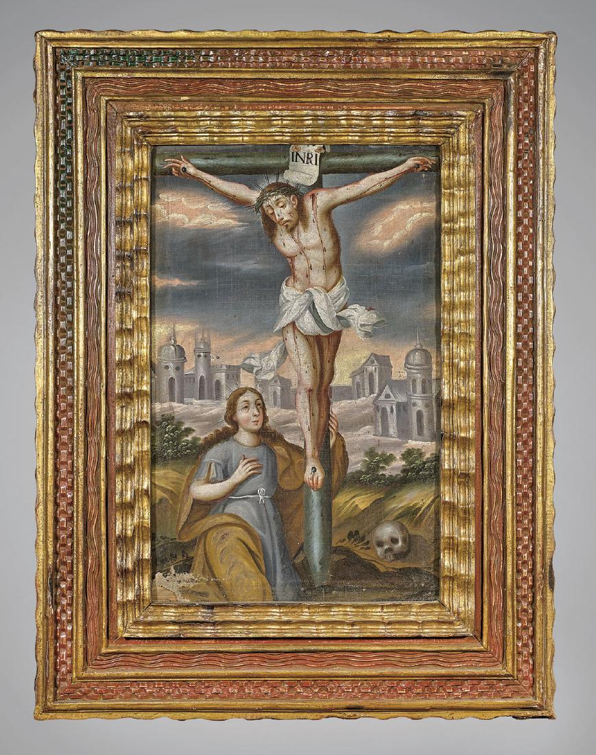 SPANISH COLONIAL OIL PAINTING: Crucifixion of Christ: Antique Spanish Colonial oil on canvas painting; depicting Christ on the cross, gazing down at the Virgin Mary kneeling below; 23 1/2" x 15"; in elaborately carved gilt and polychrome wood fra