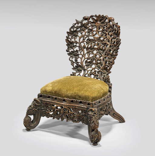 ANTIQUE ANGLO-INDIAN CARVED WOOD 'SLIPPER' CHAIR - ANTIQUE ANGLO-INDIAN CARVED WOOD 'SLIPPER' CHAIR