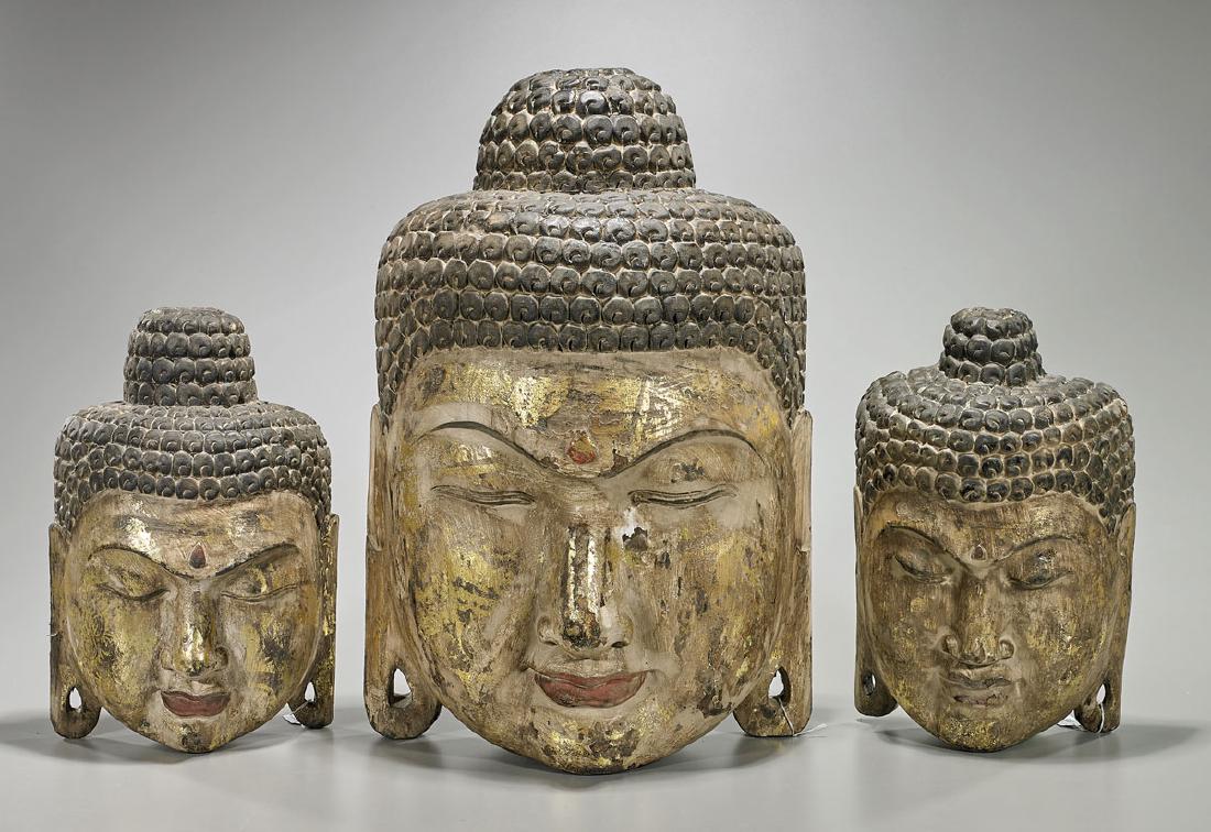 Three Old Chinese Carved Wood Faces of Buddha (1 of 1)